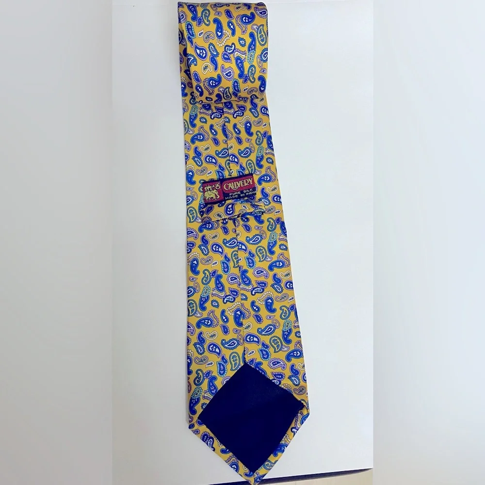 Cauvery Emporium Pure Silk Men’s Tie bright yellow colour vintage design in blue - Picture 3 of 5